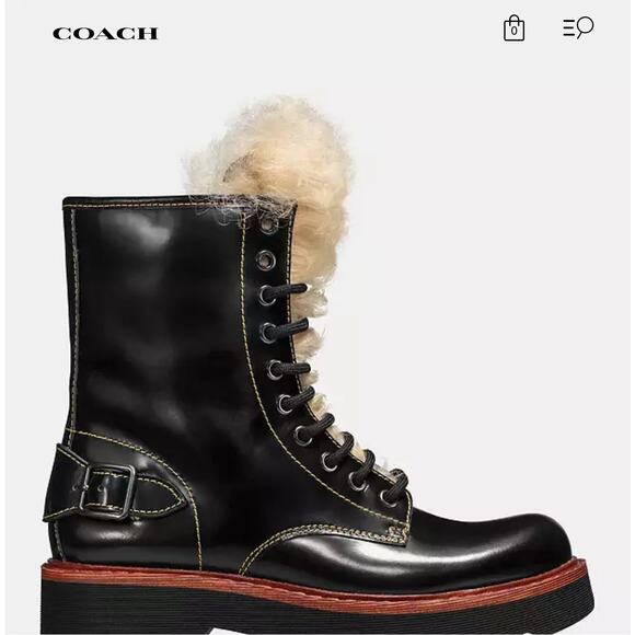 Coach Women’s 7.5 Black Leather Moto Hiker Shearling Platform Ankle Boots NEW - Picture 1 of 10